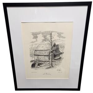 Grow’s Mill 1917 Lithograph signed by artist Howard Fain Framed 16.5x20.75 1970